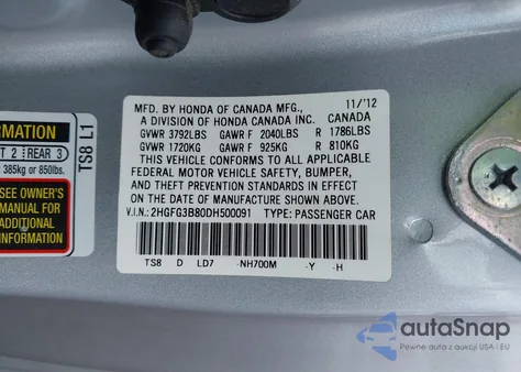 2013 Honda Civic Ex из США, поврежденный, VIN 2HGFG3B80DH500091